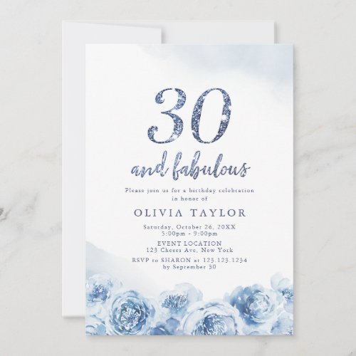 Elegant glitter script blue floral 30th birthday invitation