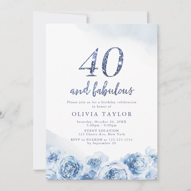 Elegant glitter script blue floral 40th birthday invitation (Front)
