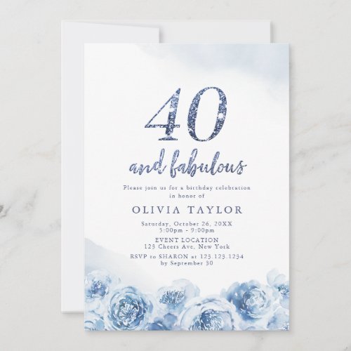 Elegant glitter script blue floral 40th birthday invitation