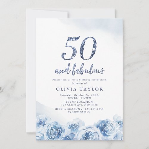 Elegant glitter script blue floral 50th birthday invitation