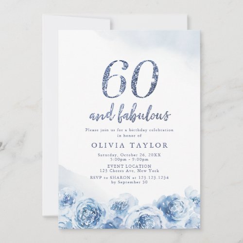 Elegant glitter script blue floral 60th birthday invitation
