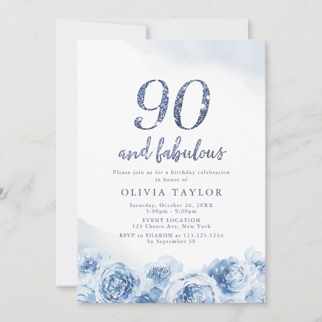 Elegant glitter script blue floral 90th birthday invitation (Front)