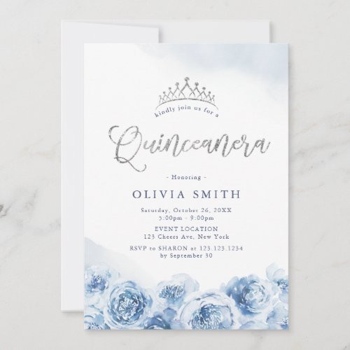 Elegant glitter script blue floral Quinceanera Invitation