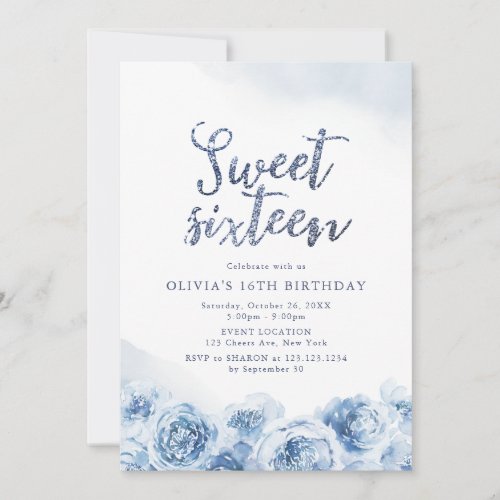 Elegant glitter script blue floral sweet sixteen invitation