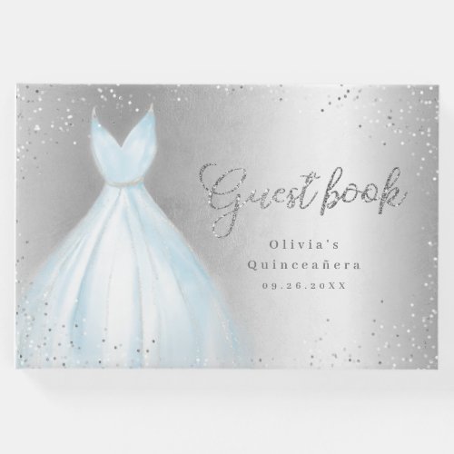 Elegant glitter silver blue dress quinceaera guest book