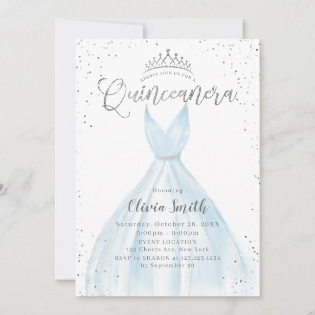Elegant glitter silver blue dress Quinceañera Invitation (Front)