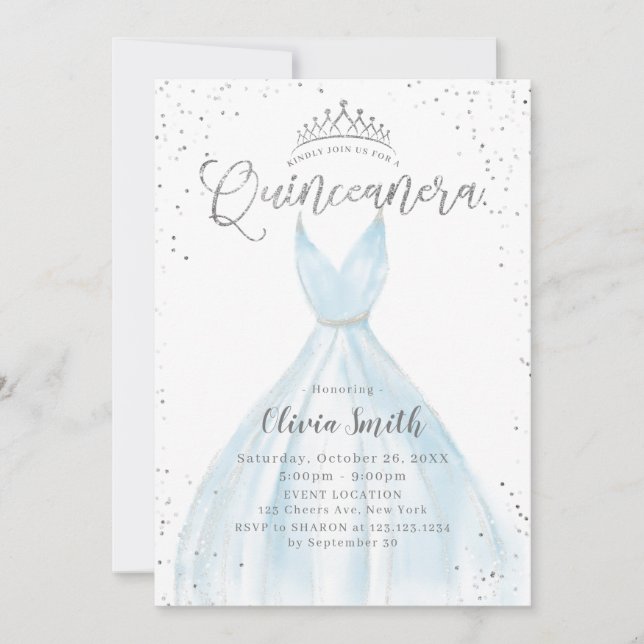 Elegant glitter silver blue dress Quinceañera Invitation (Front)