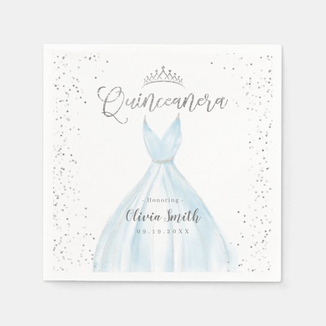 Elegant glitter silver blue dress quinceañera napkins (Front)