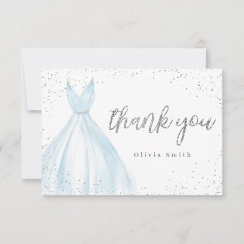 Elegant glitter silver blue dress quinceaera thank you card