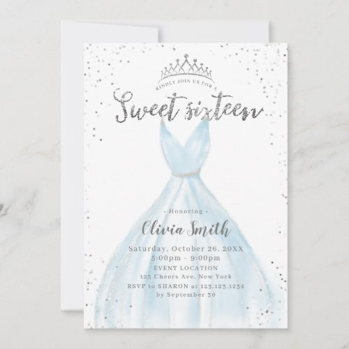 Elegant glitter silver blue Dress sweet 16 In Invitation
