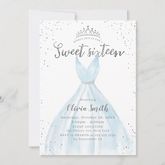 Elegant glitter silver blue Dress sweet 16 In Invitation (Front)
