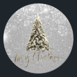 Elegant Glitter Silver  Christmas Tree Classic Round Sticker<br><div class="desc">Elegant christmas tree on silver  glittery  background.</div>