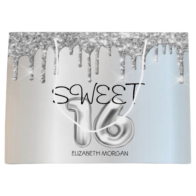 Elegant Glitter Silver Drips Sweet 16 Large Gift Bag (Front)