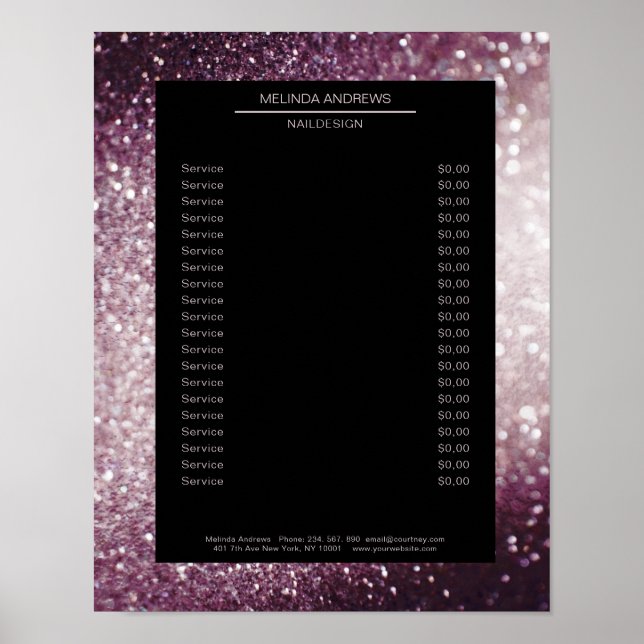 Elegant Glitter Silver Purple Price List Poster (Front)