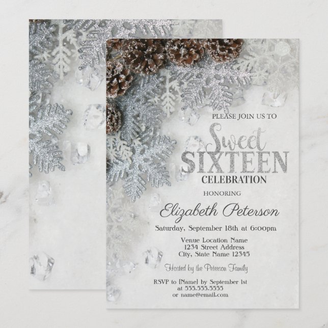 Elegant Glitter Snowflakes Pine Cones  Sweet 16  Invitation (Front/Back)