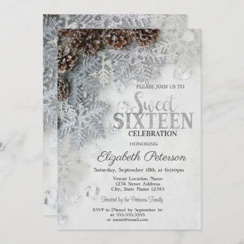 Elegant Glitter Snowflakes Pine Cones  Sweet 16  Invitation