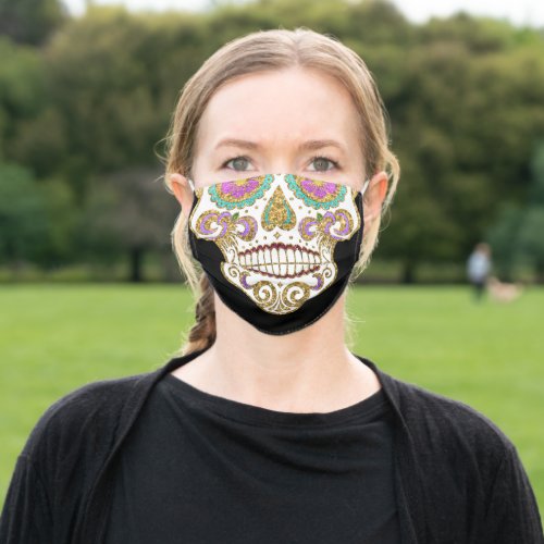 Elegant Glitter Sugar Skull Black Day of the Dead Adult Cloth Face Mask