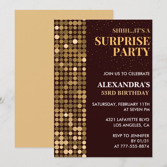 Elegant Glitter Surprise party Gold 53rd birthday Invitation (Front/Back)