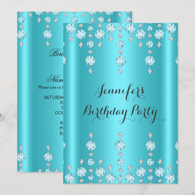 Elegant Glitter Teal Blue Diamond Birthday 2 Invitation (Front/Back)