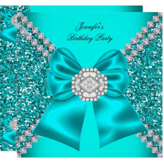 Elegant Glitter Teal Blue Diamonds Birthday Party Invitation