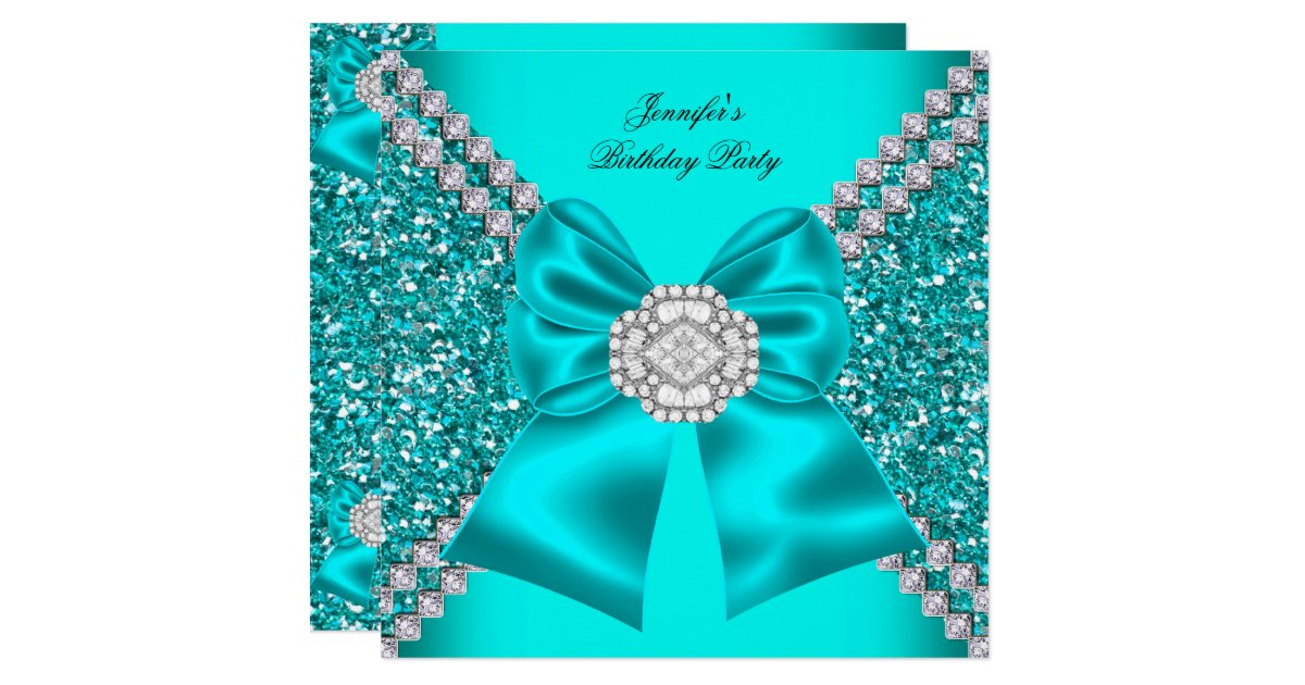 Elegant Glitter Teal Blue Diamonds Birthday Party Invitation