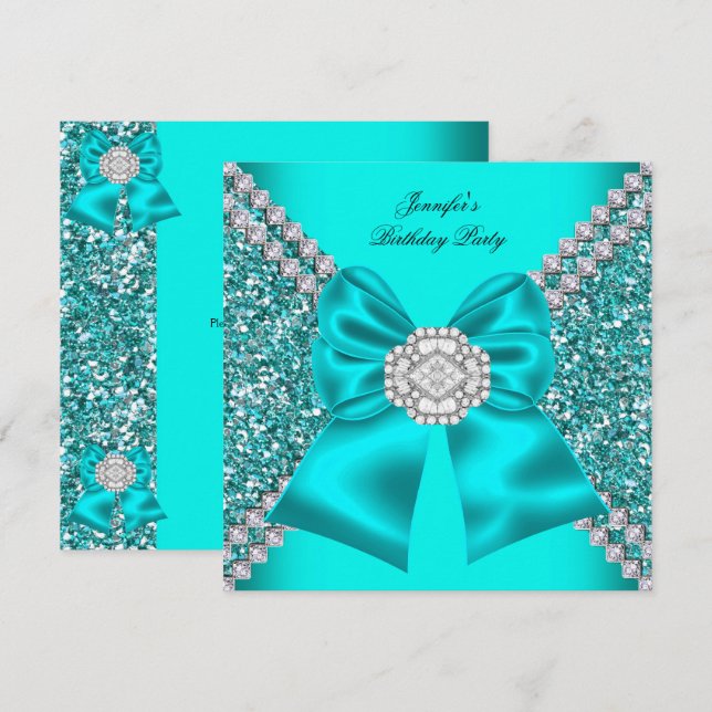 Elegant Glitter Teal Blue Diamonds Birthday Party Invitation (Front/Back)