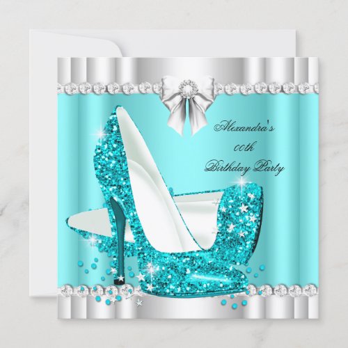 Elegant Glitter Teal Blue Glamour Hi Heels Silver Invitation