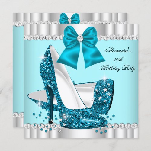 Elegant Glitter Teal Blue Glamour High Heel Silver Invitation