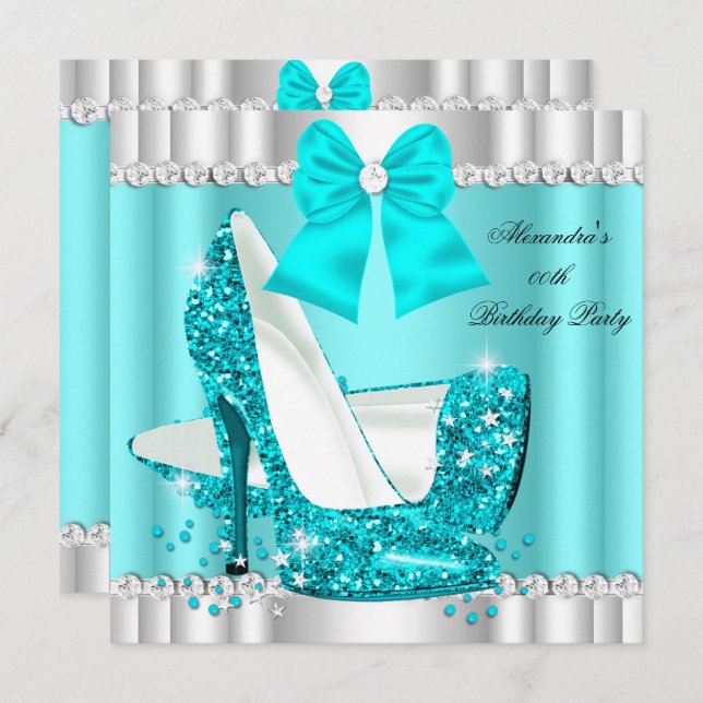 Elegant Glitter Teal Blue Glamour High Heel Silver Invitation (Front/Back)
