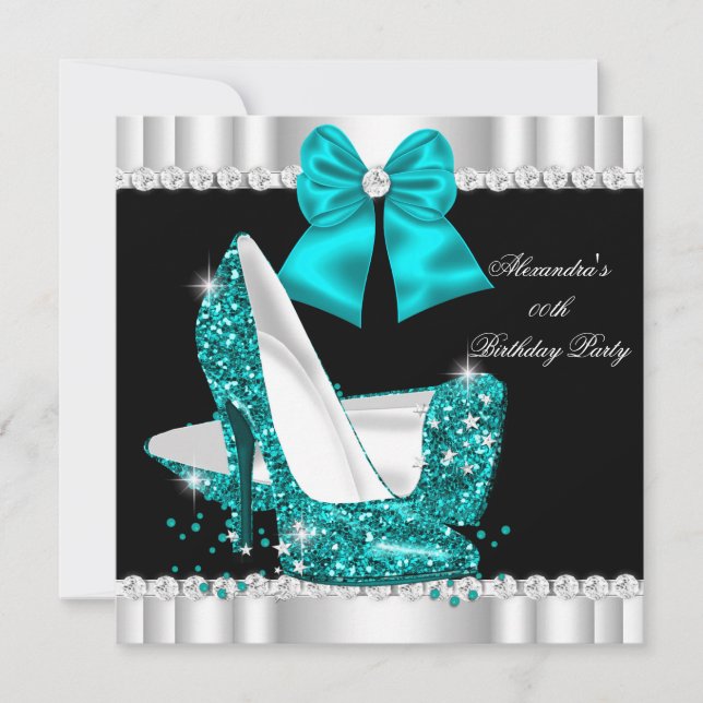 Elegant Glitter Teal Blue Glamour High Heels Invitation (Front)
