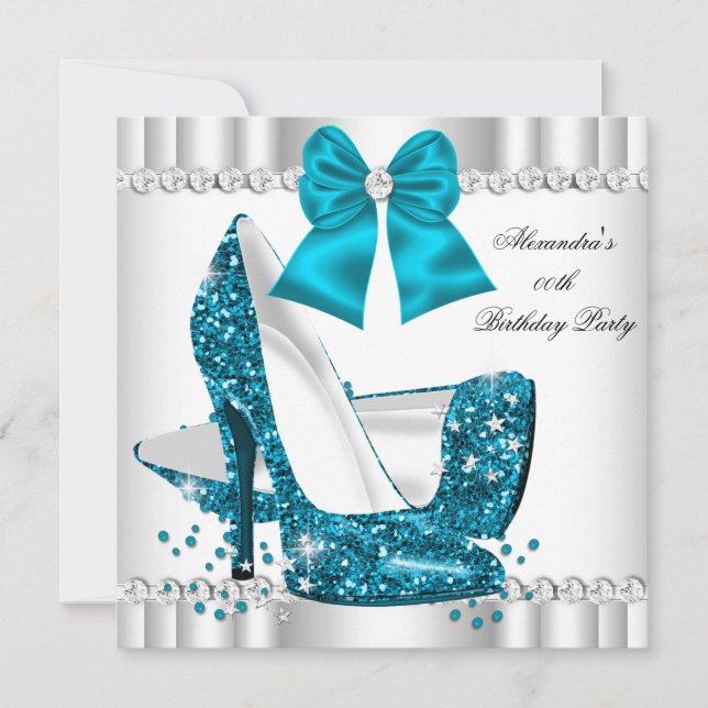 Elegant Glitter Teal Blue Glamour High Heels White Invitation (Front)
