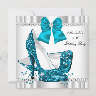 Elegant Glitter Teal Blue Glamour High Heels White Invitation