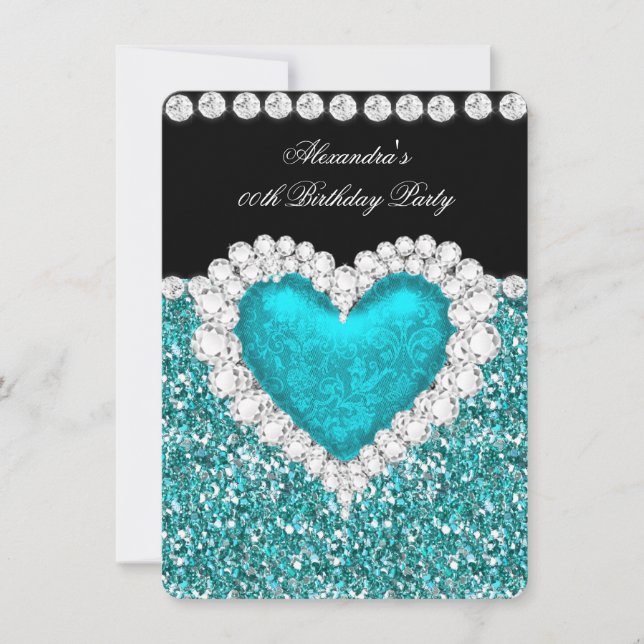 Elegant Glitter Teal Blue Heart Birthday 2 Invitation (Front)