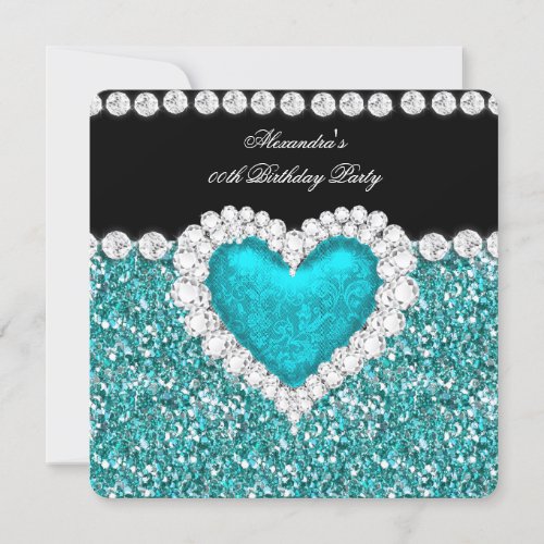 Elegant Glitter Teal Blue Heart Birthday Party 5.25x5.25 Square Paper Invitation Card