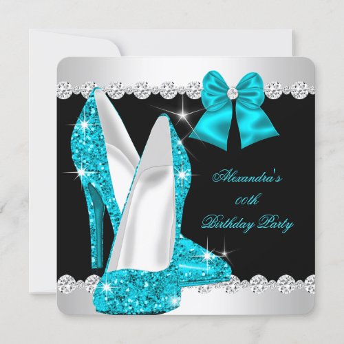 Elegant Glitter Teal Blue High Heels Birthday Invitation