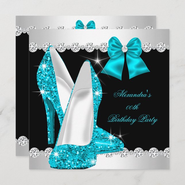 Elegant Glitter Teal Blue High Heels Birthday Invitation (Front/Back)