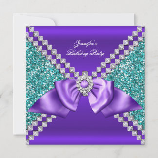 Elegant Glitter Teal Blue Purple Diamond Birthday Invitation