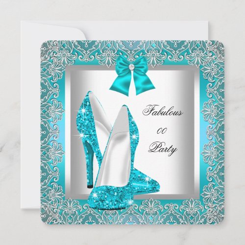 Elegant Glitter Teal Blue Stiletto Birthday Party Invitation