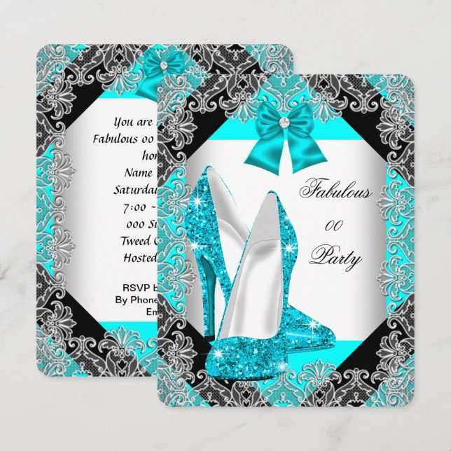 Elegant Glitter Teal Blue Stiletto Birthday Party Invitation (Front/Back)