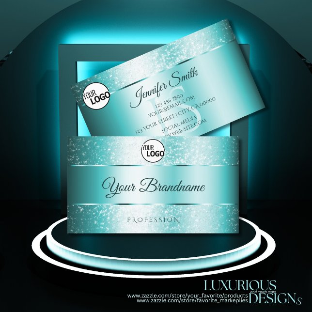 Elegant Glitter Teal Gradient Initials and Logo Business Card (Creator Uploaded)