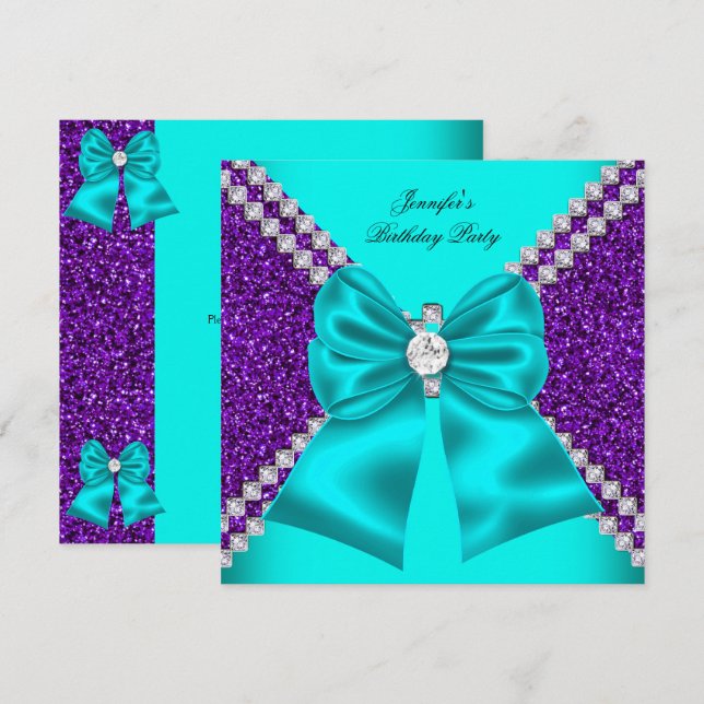 Elegant Glitter Teal Purple Diamonds Birthday Invitation (Front/Back)