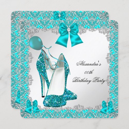 Elegant Glitter Teal Stiletto Birthday Party Invitation