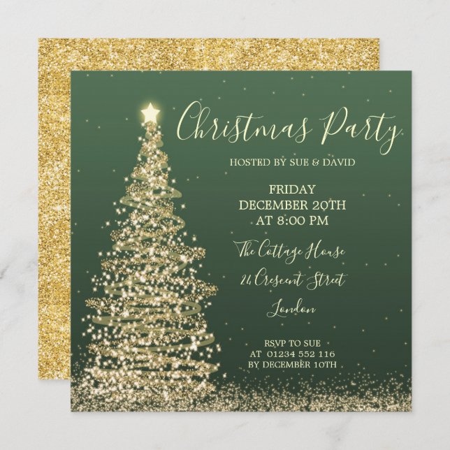 Elegant Glitter Tree Green Christmas Party Invitation (Front/Back)