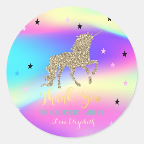 Elegant Glitter UnicornStarsOmbrHolographic Classic Round Sticker