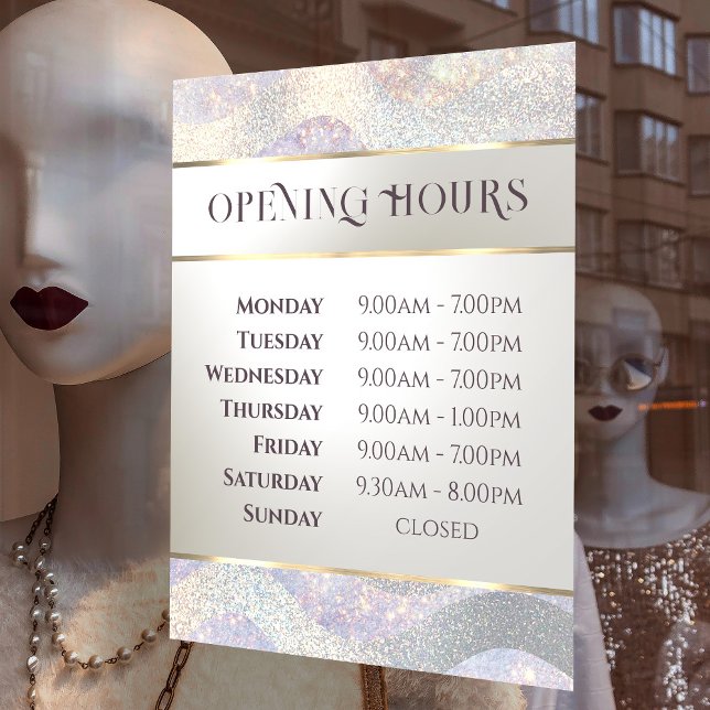 Elegant glitter watercolor waves opening hours window cling (Creator Uploaded)