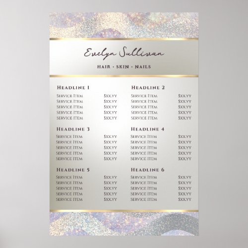 Elegant glitter watercolor waves price list poster