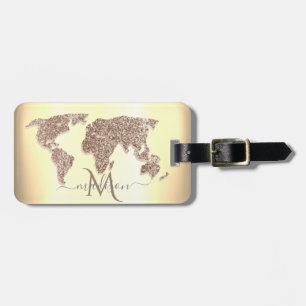 Elegant Glitter World Map Travel Monogram Luggage Tag