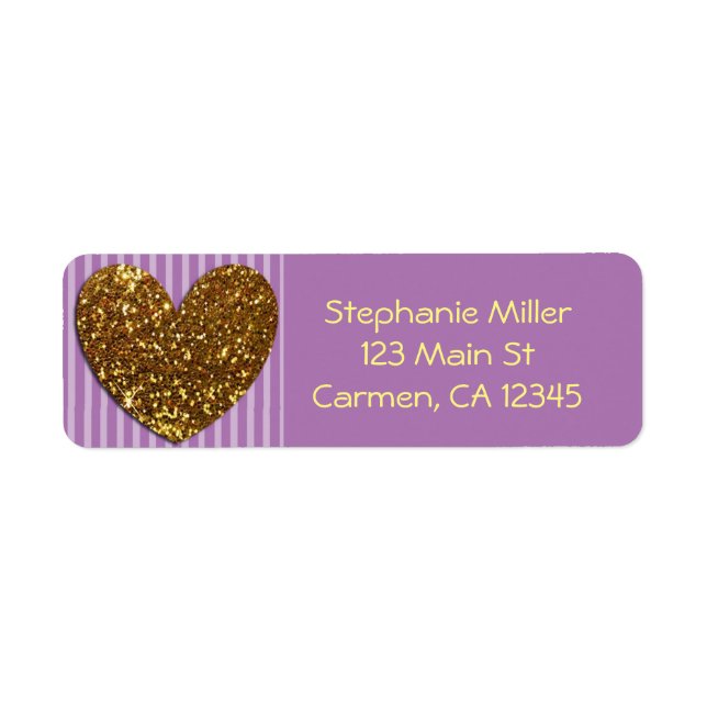 Elegant Glittered Gold Heart and Purple Background Label (Front)