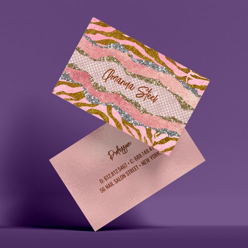 Elegant glittery blush rose animal print monogram business card