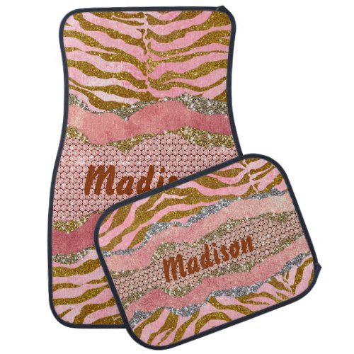 Elegant glittery blush rose animal print monogram car floor mat